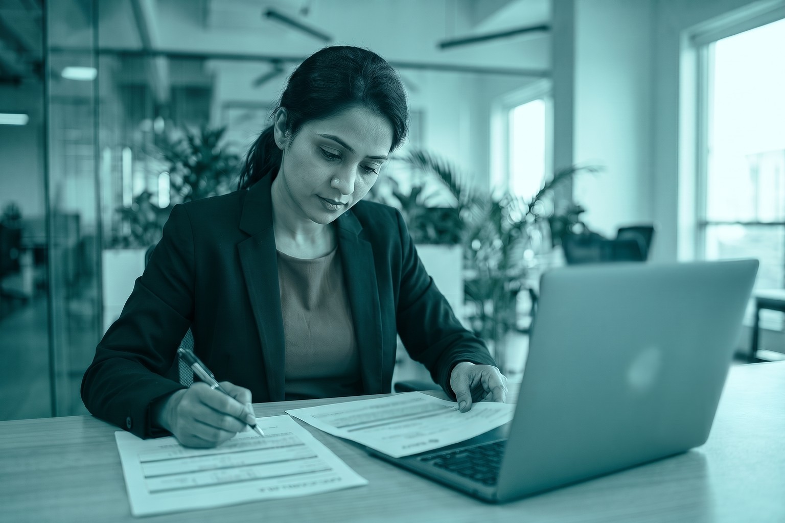 A compliance professional in India reviewing a bank certificate and an IEC application file, the document preparation step in LexComply's import export code registration process