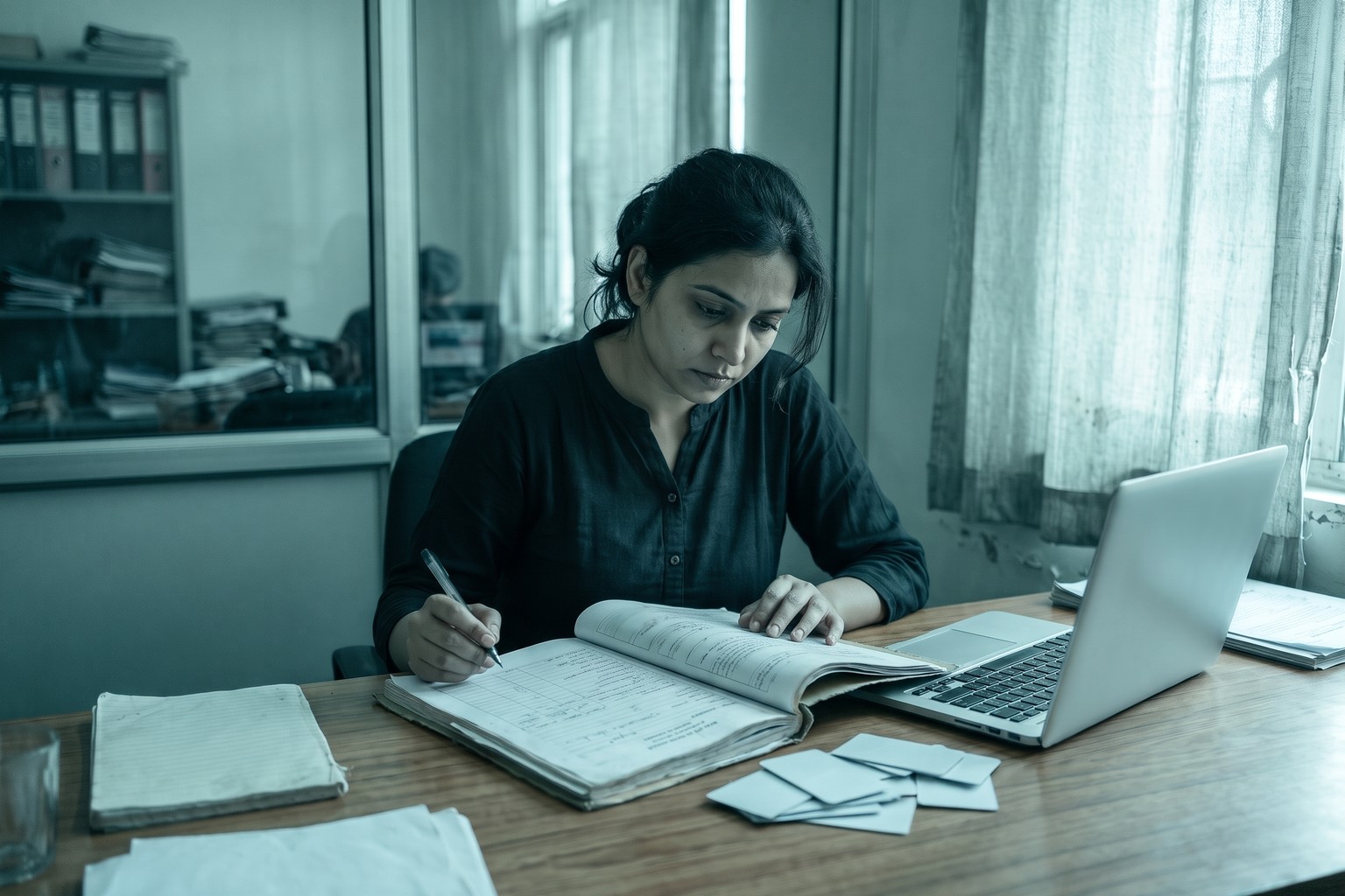 A compliance professional in New Delhi reviewing a contractor licence application file, the document preparation step in LexComply's contract labour licence process