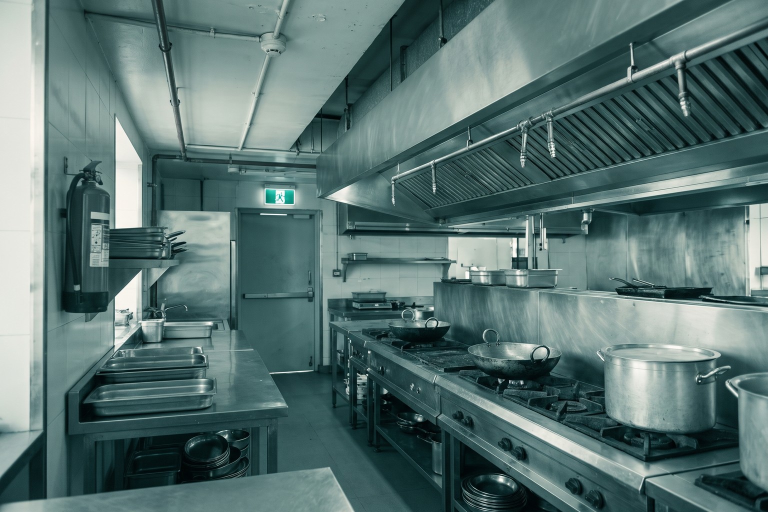 A commercial restaurant kitchen with a fire extinguisher, hood suppression line and marked exit, the fire safety a restaurant licence in Delhi or Mumbai depends on